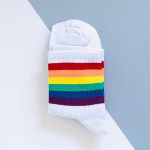 Rainbow White Socks | Colorful Cute Pride Flag Socks | Comfy Stylish | Gift idea for Her Him Christmas Xmas Daughter Son Birthday Unisex