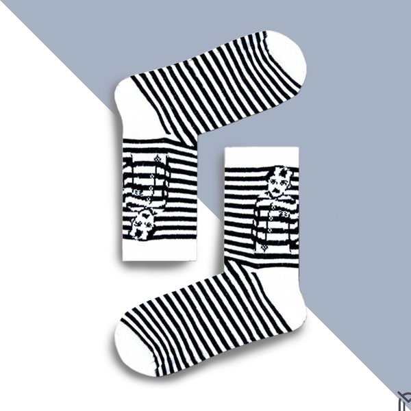Charlie Chaplin Black White Sock | Striped Funny Cute Sock | Cool Dark Comedy Design | Gift ideas for Her Him Christmas Xmas Birthday
