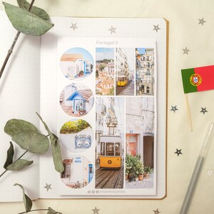 May include: A set of six round stickers featuring images of Lisbon, Portugal. The stickers feature a yellow tram, blue and white buildings, and a cafe. The stickers are printed on white paper with a black border. The text "Portugal 3" is printed at the top of the sheet. The text "STICKYTOU.STORE" is printed at the bottom of the sheet.