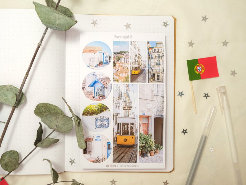 May include: A set of six round stickers featuring images of Lisbon, Portugal. The stickers feature a yellow tram, blue and white buildings, and a cafe. The stickers are printed on white paper with a black border. The text "Portugal 3" is printed at the top of the sheet. The text "STICKYTOU.STORE" is printed at the bottom of the sheet.