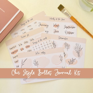Kit de Bullet Journal de estilo elegante, pegatinas de planificador sin fecha, fondo de formas abstractas, días de la semana, meses del año, decorativo y funcional.