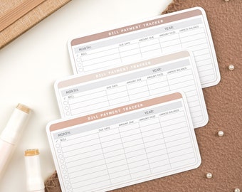 May include: Three printable bill payment trackers with a light pink and gray color scheme. Each tracker has columns for month, bill, due date, amount due, amount paid, and unpaid balance.
