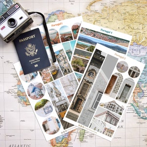 May include: A set of four sticker sheets featuring photos of Lisbon, Portugal. Each sheet has the text "Portugal" and a number from 1 to 4. The stickers are perfect for travelers and anyone who loves Portugal.