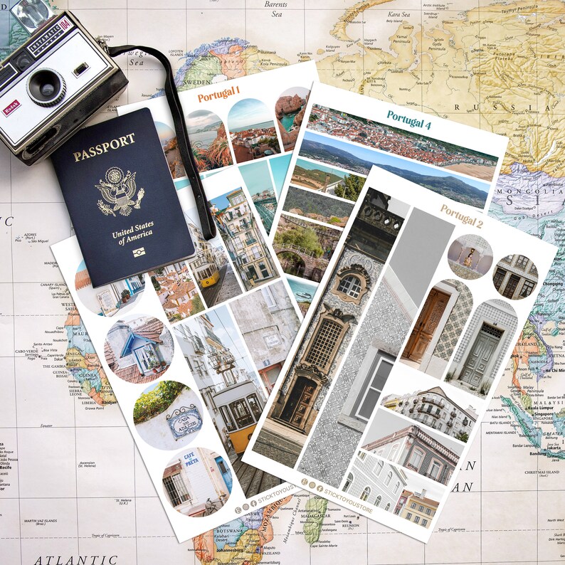 May include: A set of four sticker sheets featuring photos of Lisbon, Portugal. Each sheet has the text "Portugal" and a number from 1 to 4. The stickers are perfect for travelers and anyone who loves Portugal.