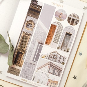 May include: A sheet of stickers featuring images of buildings and doors in Portugal. The stickers are printed on white paper and have a matte finish. The text "Portugal 2" is printed at the top of the sheet.