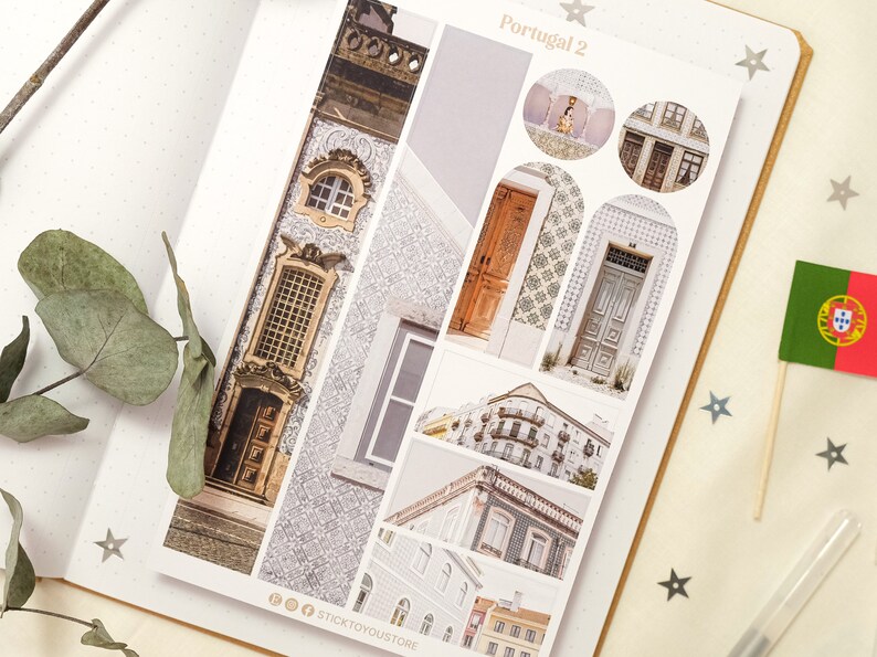 May include: A sheet of stickers featuring images of buildings and doors in Portugal. The stickers are printed on white paper and have a matte finish. The text "Portugal 2" is printed at the top of the sheet.