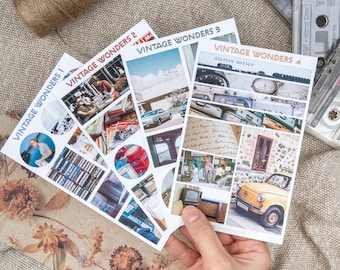 Può includere: Quattro fogli di adesivi in stile vintage con una varietà di immagini, tra cui auto, edifici e testo. Gli adesivi sono etichettati "Vintage Wonders 1", "Vintage Wonders 2", "Vintage Wonders 3" e "Vintage Wonders 4".