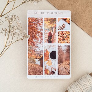 May include: A set of six autumn-themed stickers featuring images of fall foliage, a woman in a red hat, a cup of coffee, and a train track. The stickers are printed on white paper with a woodgrain background and the text "AESTHETIC AUTUMN I" and "STICKTOYOUSTORE".