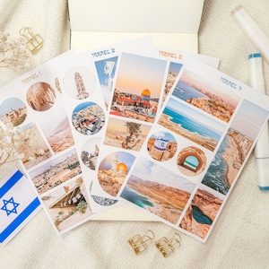 Stickers Israël reisdagboek, stickers Tel Aviv Jeruzalem, stickers Israël thema, esthetische Israëlische stickers, Israël Bullet Journal