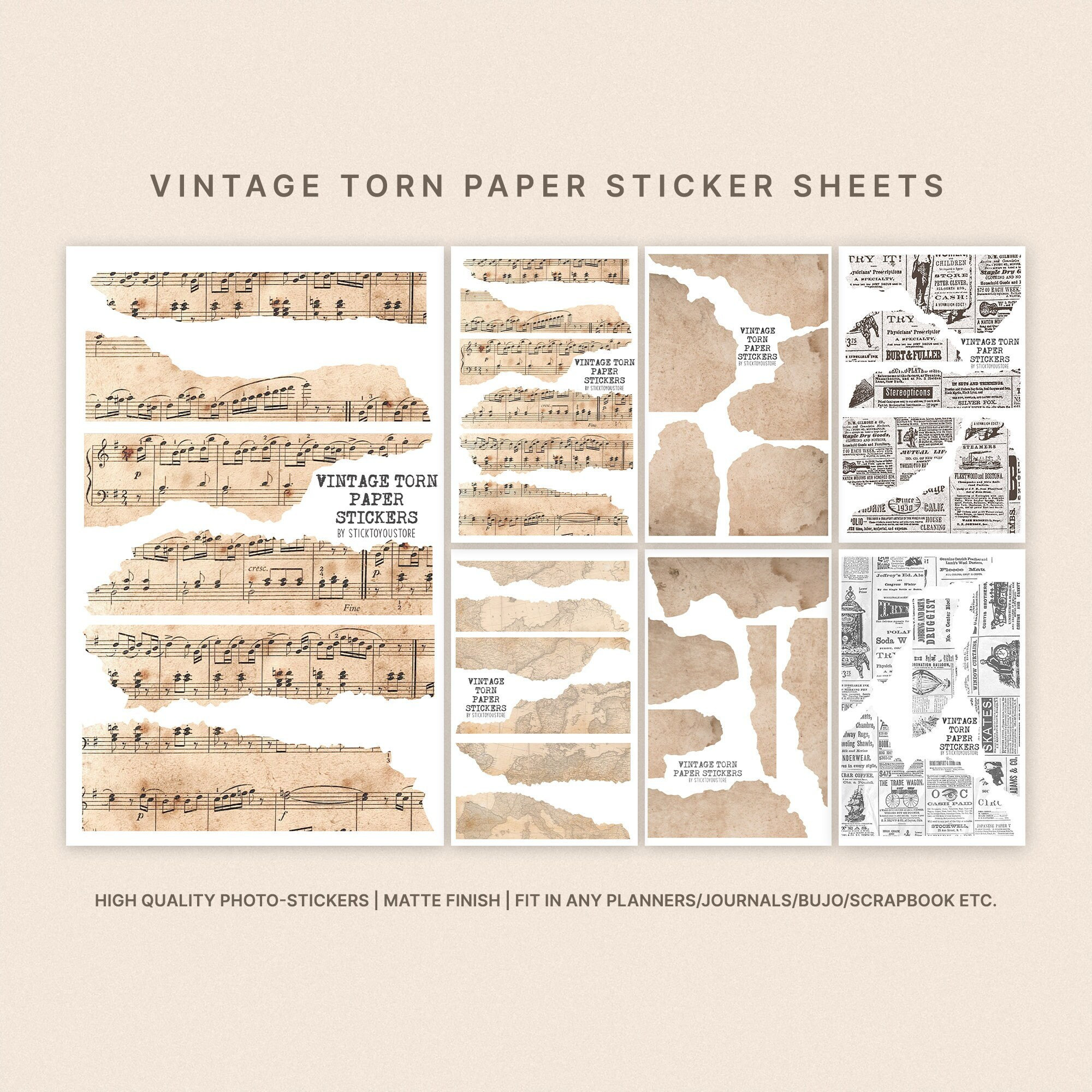 Vintage Torn Paper Stickers: World Map, Music, Newspaper for Journaling ...
