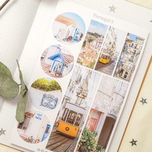 May include: A set of colorful travel stickers featuring images of buildings, a tram, and a cafe in Portugal. The stickers are round and rectangular and have a white background. The text "Portugal 3" is printed on the top of the stickers.