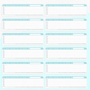 Puede incluir: Seis rastreadores de estado de &aacute;nimo imprimibles para cada mes del a&ntilde;o. Cada rastreador tiene un fondo azul claro con una cuadr&iacute;cula blanca y una secci&oacute;n para escribir el mes. El rastreador tiene una secci&oacute;n para cada d&iacute;a del mes con cinco emojis diferentes para rastrear el estado de &aacute;nimo.