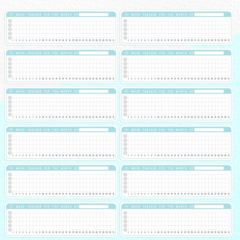 Puede incluir: Seis rastreadores de estado de &aacute;nimo imprimibles para cada mes del a&ntilde;o. Cada rastreador tiene un fondo azul claro con una cuadr&iacute;cula blanca y una secci&oacute;n para escribir el mes. El rastreador tiene una secci&oacute;n para cada d&iacute;a del mes con cinco emojis diferentes para rastrear el estado de &aacute;nimo.