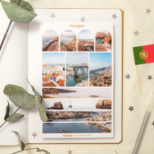 May include: A set of 9 colorful stickers featuring various scenic views of Portugal. The stickers are arranged in a grid pattern and include images of a bridge, a coastline, and a city.
