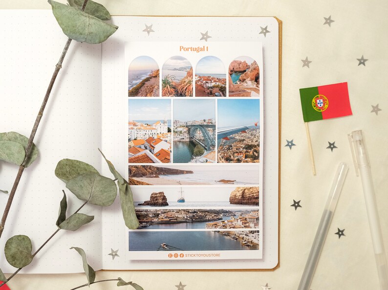 May include: A set of 9 colorful stickers featuring various scenic views of Portugal. The stickers are arranged in a grid pattern and include images of a bridge, a coastline, and a city.