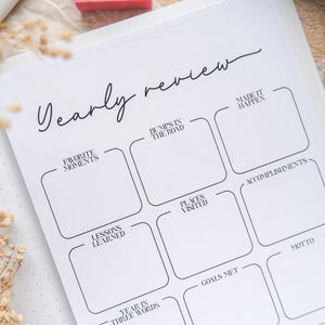 May include: A white yearly review planner with black text and boxes for notes. The planner includes prompts such as "Favorite Moments," "Bumps in the Road," and "Goals Met." A pink eraser with a moon design is on top.