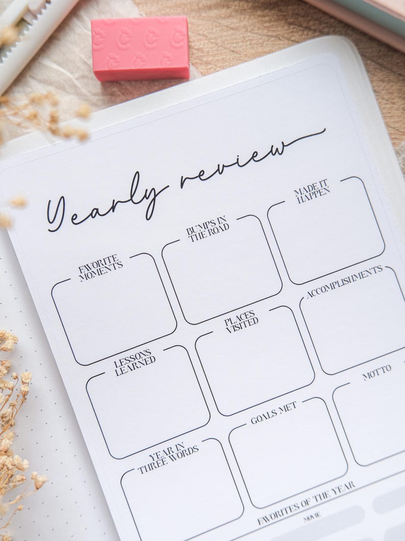 May include: A white yearly review planner with black text and boxes for notes. The planner includes prompts such as "Favorite Moments," "Bumps in the Road," and "Goals Met." A pink eraser with a moon design is on top.