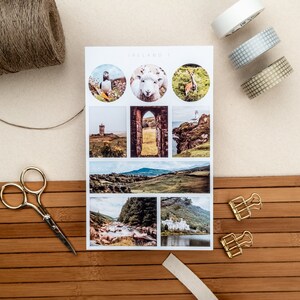 May include: A sheet of stickers with images of Irish landscapes, animals, and landmarks. The stickers are printed on white paper and have a glossy finish. The text "The Island" is printed at the top of the sheet.