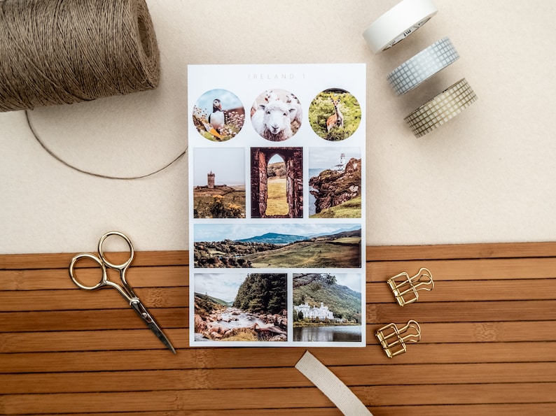 May include: A sheet of stickers with images of Irish landscapes, animals, and landmarks. The stickers are printed on white paper and have a glossy finish. The text "The Island" is printed at the top of the sheet.