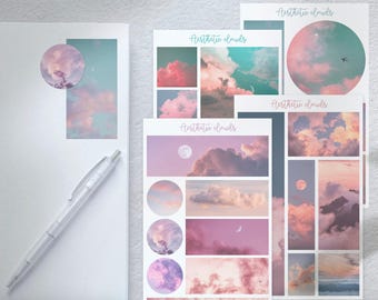 Hoja de pegatinas de nube pastel, pegatinas de cielo y luna en acuarela, cielo pastel de ensueño, pegatinas decorativas para bullet journaling y planificación