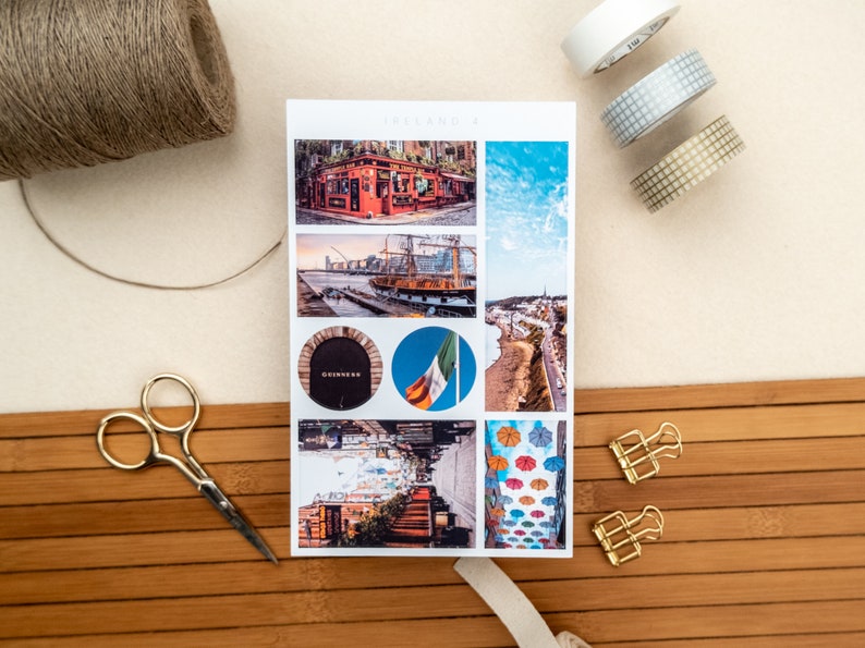 May include: A sheet of stickers featuring images of Dublin, Ireland. The stickers include a pub, a ship, a street scene, a Guinness sign, the Irish flag, and a street with colorful umbrellas.