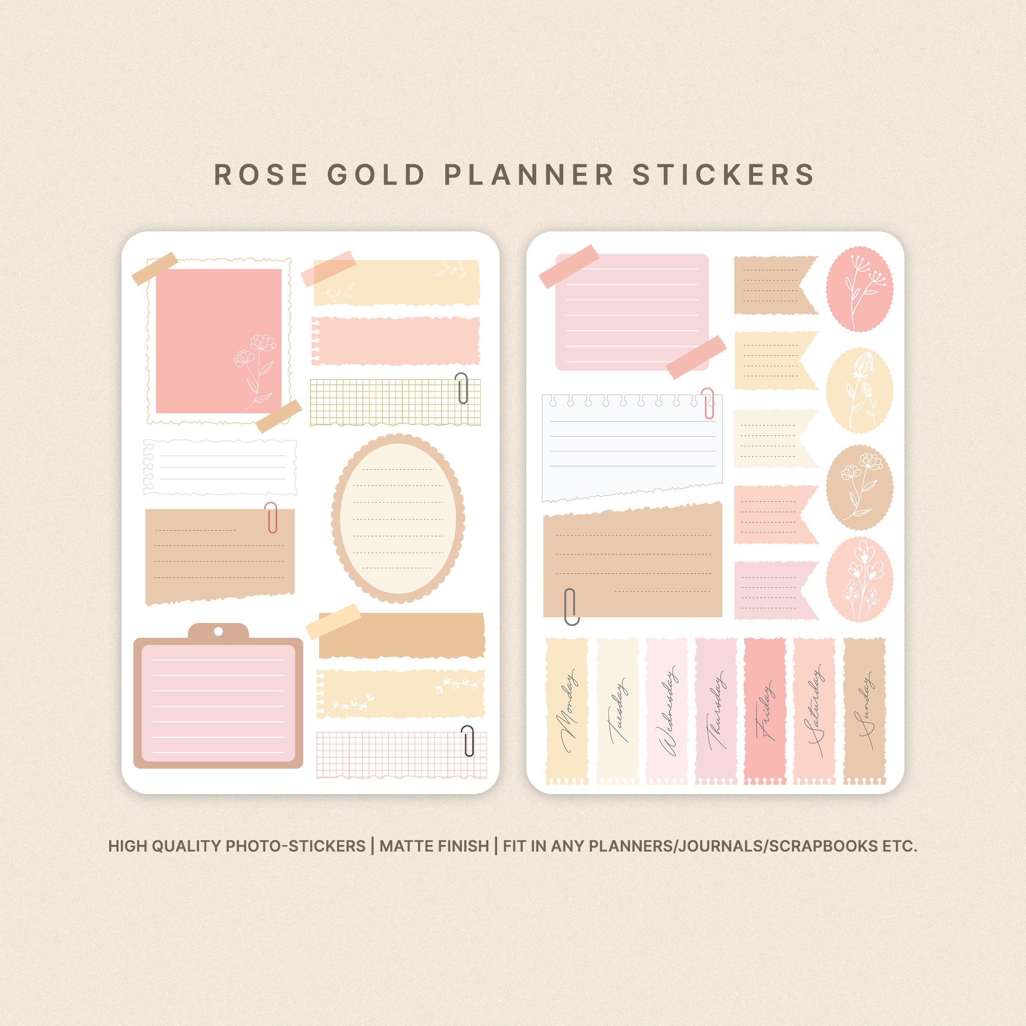 Rose Gold Planner Stickers, Weekly Sheet for Students, Mini Notes, Bullet Journal Stickers.
