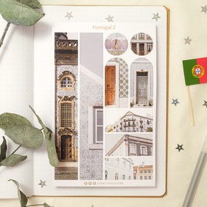 May include: A set of 9 stickers featuring images of buildings and doors in Portugal. The stickers are printed on white paper with a light gray background. The text "Portugal 2" is printed at the top of the sheet. The text "STICKTOYOURSTORE" is printed at the bottom of the sheet.