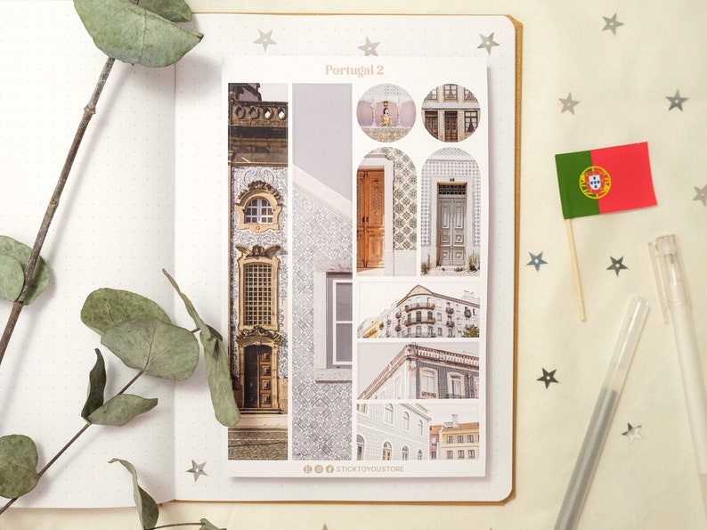 May include: A set of 9 stickers featuring images of buildings and doors in Portugal. The stickers are printed on white paper with a light gray background. The text "Portugal 2" is printed at the top of the sheet. The text "STICKTOYOURSTORE" is printed at the bottom of the sheet.