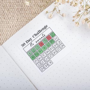 May include: A white sticker with a green and red calendar on it. The calendar is labeled "30 Day Challenge No sweets". The numbers 1 through 31 are in the squares of the calendar.
