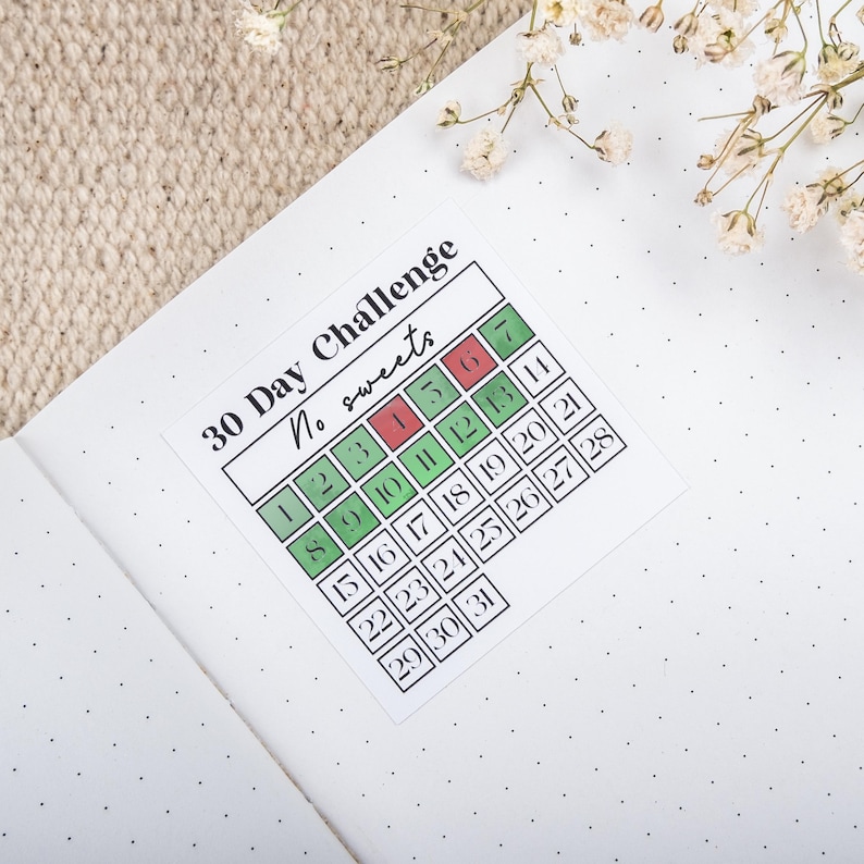 May include: A white sticker with a green and red calendar on it. The calendar is labeled "30 Day Challenge No sweets". The numbers 1 through 31 are in the squares of the calendar.