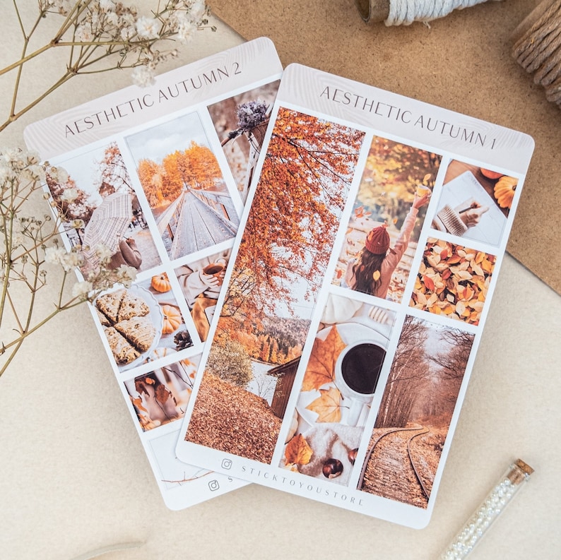 May include: Two sheets of stickers with an autumn theme. The first sheet is titled "Aesthetic Autumn 1" and features images of fall leaves, a woman in a red hat, a cup of coffee, and a train track. The second sheet is titled "Aesthetic Autumn 2" and features images of a path through a forest, a cup of coffee, and a pile of leaves.