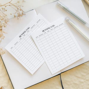 以下が含まれることがあります： 日付、距離、タイプ、時間、ペース、心拍数、回復のヘッダーが付いた黒いグリッド線の白い紙のランニングログ用紙2枚。濃い青色のリボンブックマークと2本のペンが付いた開いたノートの上に置かれています。