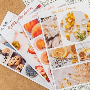 Stickervel ESTHETIC FRUITS, bosbessen-citroenen-perziken-aardbeien fotokit, decoratieve stickers voor Bullet Journal en planners