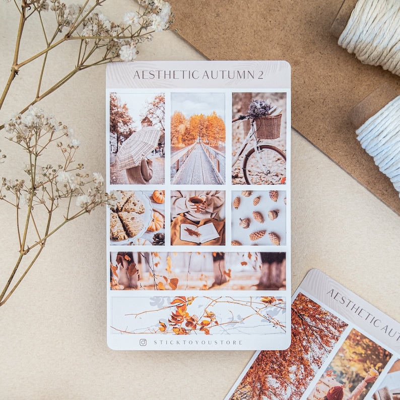 May include: A sheet of stickers with an autumn theme. The stickers feature images of a bridge, a bicycle, a cup of coffee, a book, pinecones, and fall leaves. The text "AESTHETIC AUTUMN 2" is at the top of the sheet. The text "STICKTOYOUSTORE" is at the bottom of the sheet.