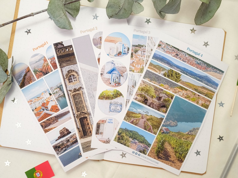 May include: Four sheets of stickers featuring various images of Portugal. Each sheet is labeled with a number from 1 to 4. The stickers feature images of buildings, landscapes, and cityscapes. The stickers are printed on white paper with a glossy finish.