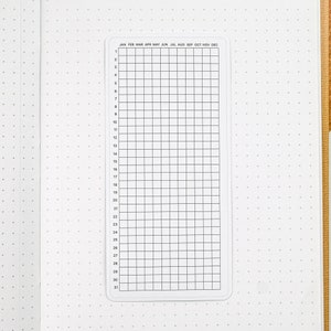 May include: A blank calendar grid with the months of the year listed across the top and the days of the month listed down the side. The grid is divided into 31 squares.