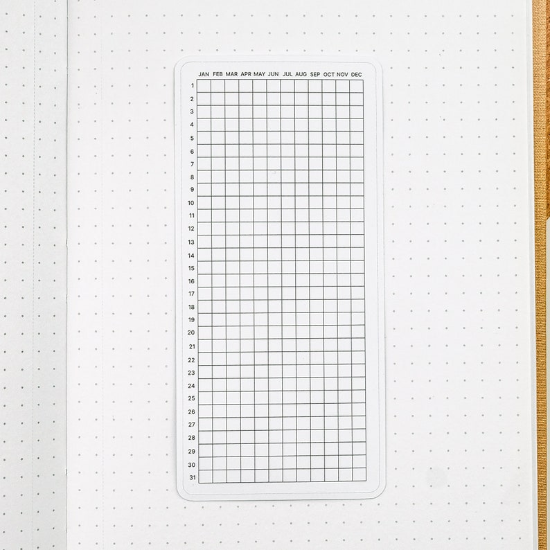 May include: A blank calendar grid with the months of the year listed across the top and the days of the month listed down the side. The grid is divided into 31 squares.
