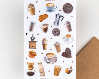 Stickers café | Feuille d'autocollants pour amateurs de café pour agendas et Bullet Journals