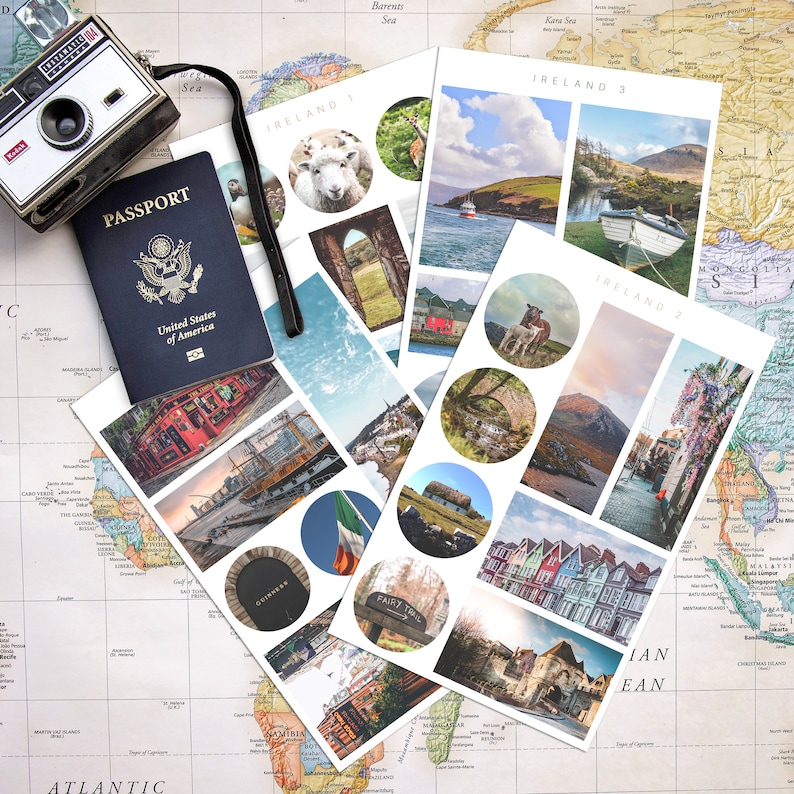 May include: A set of 10 round stickers featuring various images of Ireland, including a sheep, a boat, a pub, and a stone wall. The stickers are printed on white paper with black text that reads "IRELAND 1", "IRELAND 2", "IRELAND 3", "GUINNESS", and "FAIRY TRAIL".