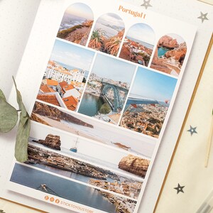 May include: A set of 10 colorful stickers featuring various scenic views of Portugal. The stickers are arranged in a grid pattern and feature images of beaches, cities, and landmarks. The stickers are perfect for adding a touch of Portugal to your planner, journal, or laptop.
