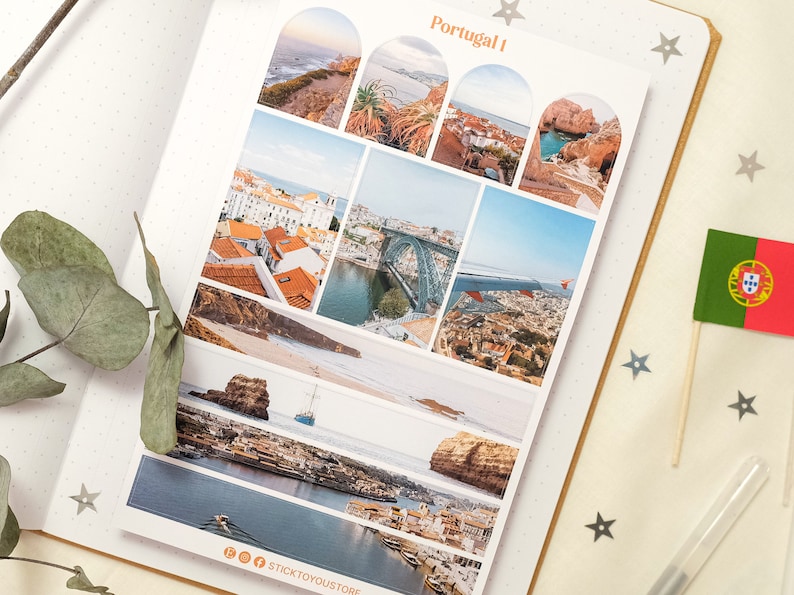 May include: A set of 10 colorful stickers featuring various scenic views of Portugal. The stickers are arranged in a grid pattern and feature images of beaches, cities, and landmarks. The stickers are perfect for adding a touch of Portugal to your planner, journal, or laptop.