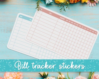 May include: Two white bill tracker sheets with blue and pink grid lines. The sheets have columns for due date, bill name, amount, and months of the year. The sheets are on a light blue wooden background with pink and yellow flowers.