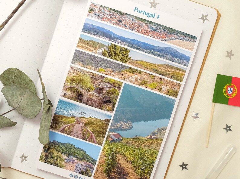 May include: A collage of photos showcasing various scenic views of Portugal, including a cityscape, a bridge, a coastline, a vineyard, and a river. The title "Portugal 4" is at the top of the collage.