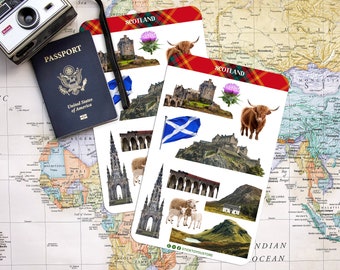 Scotland Travel Stickers: Thistle, Highland Cow, Landmarks for Journaling