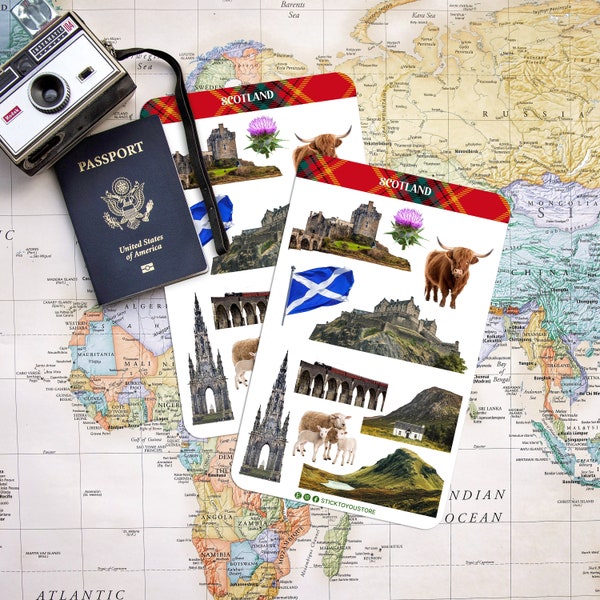 Stickers de voyage en Ecosse, fleur de chardon écossais, vache des Highlands, stickers de voyage monuments écossais pour un journal ou un scrapbooking