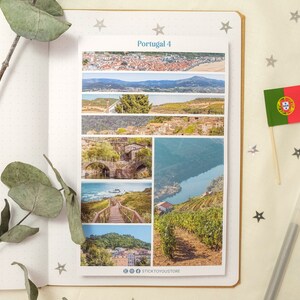 May include: A set of 8 colorful stickers featuring scenic views of Portugal. The stickers are rectangular and have a white border. The text "Portugal 4" is printed in blue at the top of the sticker sheet. The stickers feature images of a beach, a river, a bridge, a vineyard, and a town.