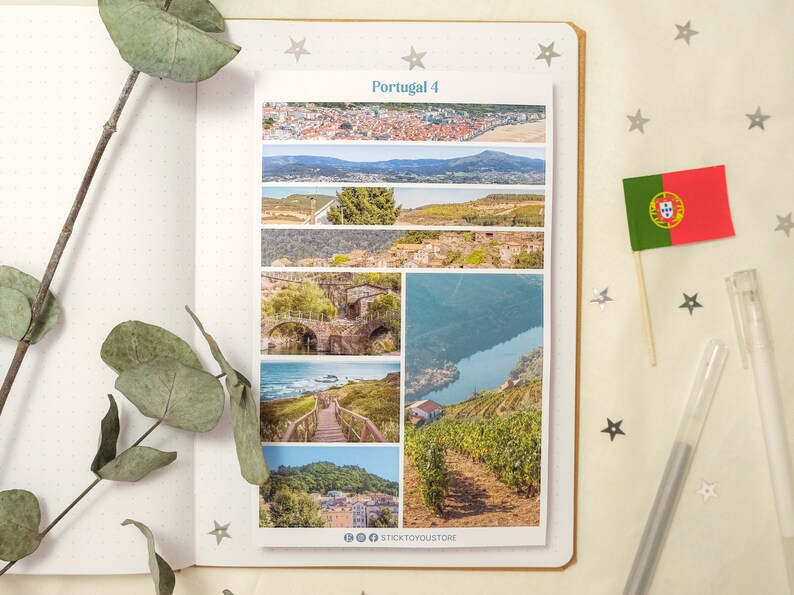 May include: A set of 8 colorful stickers featuring scenic views of Portugal. The stickers are rectangular and have a white border. The text "Portugal 4" is printed in blue at the top of the sticker sheet. The stickers feature images of a beach, a river, a bridge, a vineyard, and a town.