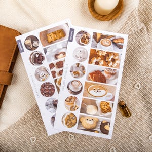Ensemble d'autocollants esthétiques pour café et dessert | Stickers amateur de café | Stickers mignons ours en peluche | Stickers journaux marron crème et beige