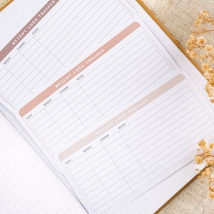 Puede incluir: Tres p&aacute;ginas de seguimiento de p&eacute;rdida de peso con un dise&ntilde;o degradado rosa y blanco. Cada p&aacute;gina tiene columnas para la fecha, el peso, el cambio y las notas.