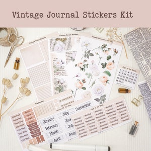 Kit de adesivos para diário vintage, kit de itens essenciais para bujo floral, folhas de adesivos para diário de lixo, suprimentos para planejador vintage floral, kit de planejador sem data.